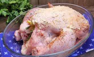 Distribuya el aceite que queda después del procedimiento de manera uniforme sobre toda la canal del pollo, sin olvidar las alas y las piernas.