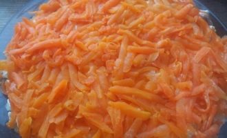 Then it’s the turn of the carrots. It must be grated on a medium grater and carefully spread over the previous layer, leveling the root crop.