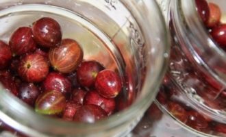 Kompottgläser vorab über Dampf oder im Ofen waschen und sterilisieren und die Deckel 5 Minuten kochen lassen. Die Stachelbeeren in Gläser füllen.