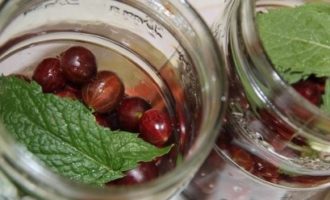 In vasetti avrete bisogno di 2-3 foglie di menta, pre-lavate e bagnate con acqua bollente. Metti più menta in un barattolo più grande.