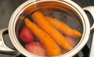 Then cook the peeled potatoes and carrots in boiling water.