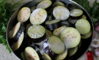 Hoe maak je de schoonmoedertong van aubergine klaar voor de winter? Om dit te doen, wast u de groenten goed onder stromend water. Snijd het gedeelte af waar de stengel zat en snijd de aubergines in cirkels van maximaal 1 centimeter breed. Doe de plakjes aubergine in een diepe, ruime pan en bestrooi met zout. Nu moet je de aubergines met zout mengen en een half uur laten staan, zodat ze de tijd hebben om een ​​beetje sap vrij te geven en er onnodige bitterheid uit komt. Haal na 30-40 minuten de stukjes aubergine uit de pan en spoel ze af onder voldoende stromend water om het zout volledig te verwijderen. Zet de gewassen aubergines apart.