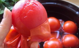 Tomatoes need to be peeled, but first wash them well in cold water. Then make a cross-shaped cut on top and alternately dip the tomatoes in boiling water and then in cold water for a few minutes. After such manipulations, you should be able to clean them without difficulty.