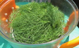 Soak the dill in a bowl of cold salted water to remove any possible insects. After 10-15 minutes, rinse it under running water and dry it a little by placing it in a colander. 