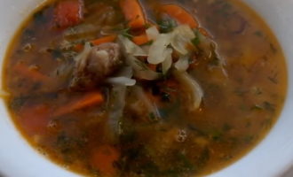 Ora aggiungi le verdure fritte alla zuppa, aggiungi sale e pepe. Cuocere per altri 10 minuti. Laviamo le verdure, le lasciamo asciugare leggermente e le tritiamo. Lo inviamo alla zuppa di cavolo e aggiungiamo anche carne di maiale, aglio e alloro. Togliere la padella dal fuoco e lasciare riposare per 25 minuti con il coperchio chiuso. La zuppa di cavolo fresco è pronta! Condire con panna acida e servire.