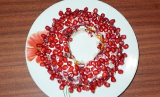 Spread the pomegranate seeds over the entire surface and remove the jar. Place the salad in the refrigerator to soak and serve.