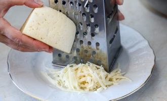 Coarsely grate the hard cheese on a beet grater.