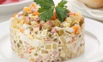 Olivier salad with sausage and pickles