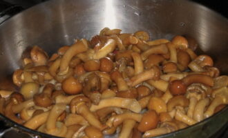 Remplissez à nouveau les champignons d'eau froide, attendez qu'ils bout, mais laissez cuire 25 à 30 minutes. Ensuite, nous le mettons dans une passoire et le laissons pendant un moment. Lors de la deuxième cuisson, ajoutez un peu de sel selon votre goût.