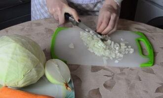 Stewed cabbage in a frying pan is prepared quickly and easily. At the very beginning, you need to prepare the onions - peel them, then chop them.