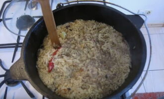 If there is still water left, use a wooden spoon to make holes around the circle of the cauldron. Cook the pilaf until the water has completely evaporated.