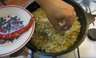 Remove garlic and hot pepper from the finished pilaf.