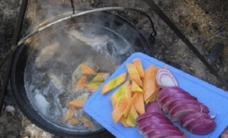 Pelamos las zanahorias y las cortamos en dados. Cebollas: medias anillas finas. Enviamos verduras al cerdo.