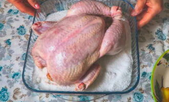 Coloca el pollo sobre una cama de sal y coloca el plato en un horno precalentado a 160 grados.