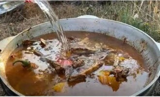 Giet alle gefrituurde ingrediënten in 5 liter koud water, breng aan de kook en kook op laag vuur, afgedekt met een deksel, gedurende 1 uur.