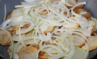 Add the onion to the frying pan with the potatoes when they are half cooked.