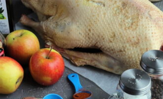 Com cuinar una oca sucosa amb pomes, senceres al forn? Renteu bé l'ocell, traieu les plomes restants i assequeu-lo amb tovalloles de paper per dins i per fora. Per a la marinada, barregeu sal, pebre negre, coriandre, una cullerada d'oli d'oliva i pebre vermell.