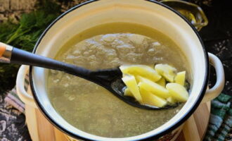 Sbucciare le patate e tagliarle a cubetti o listarelle. Aggiungere al brodo e cuocere fino a cottura delle patate. 