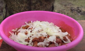 Peel and cut the onion into half rings. Distribute the onions on top of the spiced hearts.