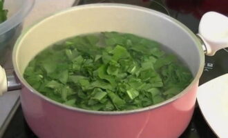 Bring water to a boil in a saucepan. And immediately add the chopped sorrel to it. 