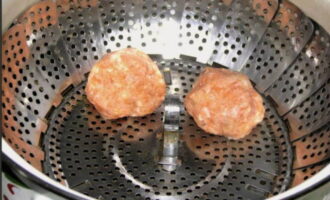 Place the prepared meat balls on a wire rack in a rack for steamed dishes. Pour half a liter of water into the multicooker bowl. Place the stand with the cutlets in the multicooker and close it. 