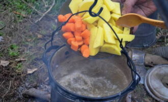 Mergulhe as batatas e as cenouras no caldo de peixe. Cozinhe por cerca de 30 minutos.