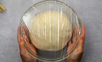 Cover the container with the dough: for this we take cling film or a towel. Place the dough in a warm place for an hour. During this period of time it will increase in size, become bubbly, light and airy. 