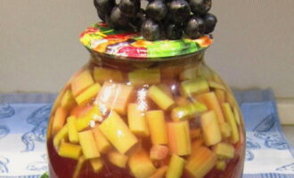 Rhubarb compote in a jar is ready. The drink can be stored in a cool place.