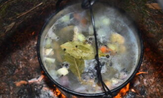 Place the fish back into the cauldron. Add salt, pepper and bay leaves. Keep over the fire for 10 minutes.