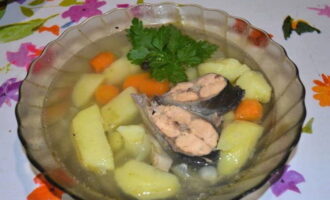 Pour the hot trout fish soup into plates and serve. Bon appetit!