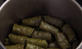 Place folded leaves with minced meat on the heated carrots and celery, tightly close to each other. Add enough water to the pan to cover the dolma and cover with a saucer. 