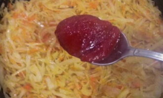 Squeeze out the sauerkraut and cut into small pieces of one and a half to two cm. Heat 1 tbsp in a frying pan. l. butter and place the cabbage on it along with 1 tbsp. tomato paste. Sprinkle everything with cumin and simmer under the lid for about 30 minutes.