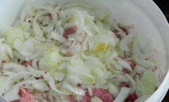 Transfer the onion and meat to a large bowl and stir.