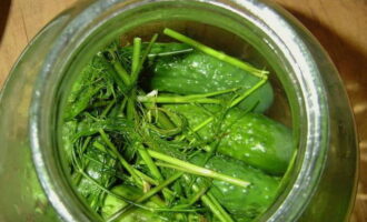 We begin to place washed cucumbers, horseradish leaves, dill and garlic at the bottom of the prepared jar. It is better to alternate the components to create layers.