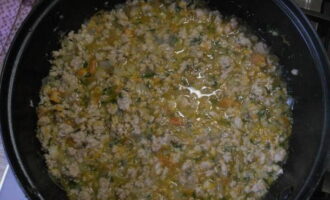 Add minced meat to the vegetables. Salt and pepper the mass, stir it and cook for 5-10 minutes.