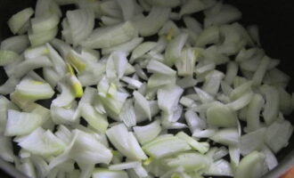 Finely chop the onion and fry it in vegetable oil.