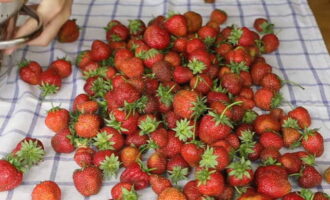 Coloque las fresas lavadas sobre una toalla y déjelas secar o séquelas con una toalla de papel para eliminar el exceso de humedad.