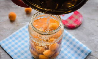 Bullir aigua i abocar-la en un pot on ja hi ha els albercocs. Per evitar canvis bruscos de temperatura, podeu col·locar una fulla de ganivet sota la part inferior del pot, en cas contrari el pot es trencarà. Tapeu-ho amb una tapa neta i deixeu-ho reposar uns 20 minuts, durant aquest temps la fruita s'escalfarà. 