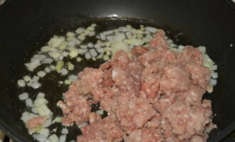 Now add the minced meat to the onion and mix the ingredients. Fry the onion and minced meat for about seven minutes.5 minutes after the start of frying, salt the products and add spices to them.