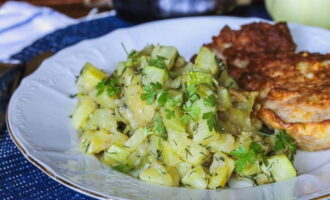 Vegetable stew from zucchini and potatoes is ready. Place on plates. Serve with or without a side dish.