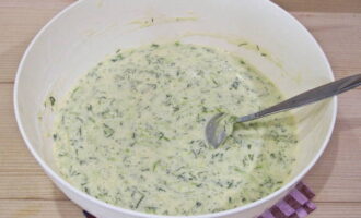 Take a deep bowl and beat two eggs into it. Add sour cream, herbs and salt. Mix the ingredients by hand until smooth.