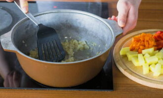 Despeje o óleo vegetal no caldeirão, primeiro frite a cebola até ficar macia.