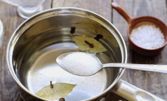 Pour water into the pan, add salt, bay leaf, sugar, cloves, allspice and black peppercorns.