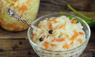 In about a day, the pickled cabbage will be ready; it should be stored in the refrigerator or in a cool, dark place.