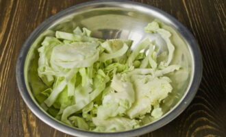 Como preparar a salada de outono para o inverno? Corte o repolho branco em tiras. Coloque o ingrediente em uma tigela grande.