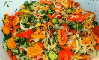 Metti la massa vegetale risultante con il succo rilasciato sul fuoco e fai sobbollire per circa 7 minuti a fuoco basso sotto il coperchio. L'insalata deve essere mescolata periodicamente. Quando l'insalata è quasi pronta, versateci dentro l'aceto e mescolate ancora. 