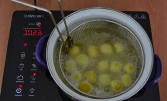 Gießen Sie Pflanzenöl in eine andere Pfanne und stellen Sie diese auf das Feuer.Legen Sie ein Frittiernetz in kochendes Öl, legen Sie einen kleinen Teil der Werkstücke aus und braten Sie sie, bis sie gar sind. Rühren Sie den Teig regelmäßig um. Anschließend die fertigen Kugeln mithilfe eines Netzes aus dem Öl nehmen und auf Papiertücher legen. Machen Sie dasselbe mit allen Rohlingen.