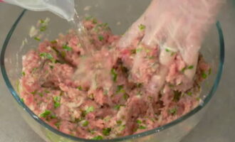 Pour 200 milliliters of water into the bowl with the minced meat and mix well.