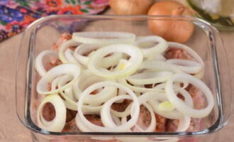 We peel several onions and cut them into medium-thick rings and place them on top of the main component.