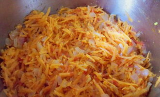 Pour the chopped carrots into the pan with the onions and tomato paste and simmer for a few more minutes.